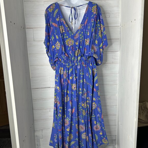Gap Blue Floral Kimono Style Drape Maxi Dress V Neck Gathered Waist Size Medium - Picture 5 of 10
